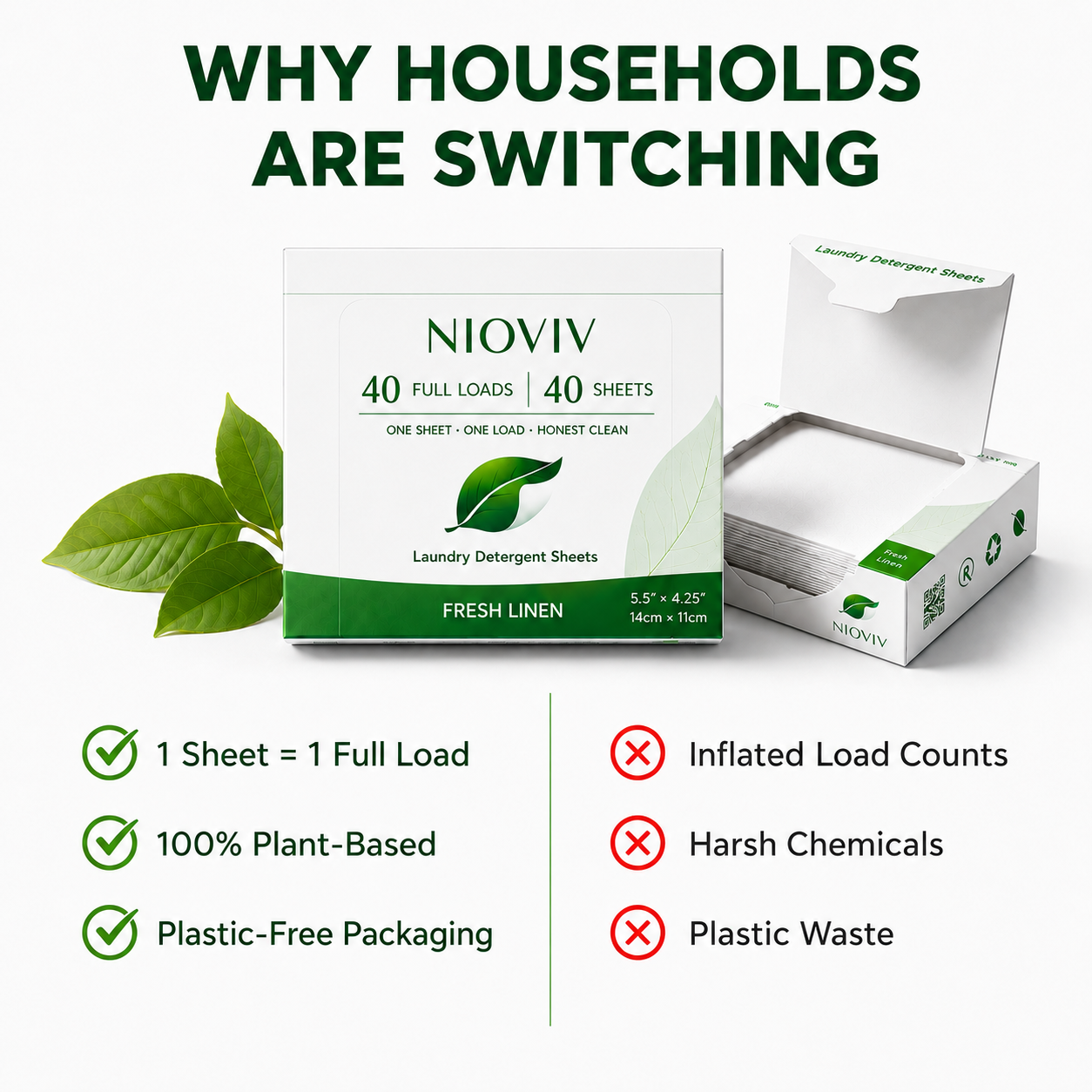 Why households are switching: 1 sheet = 1 full load, 100% plant-based, plastic-free packaging