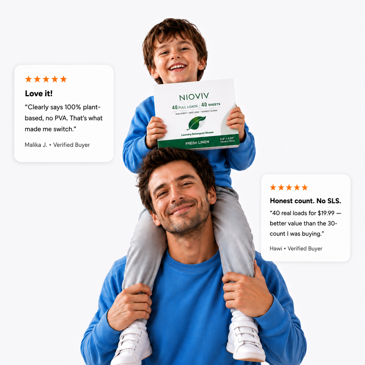 Father and child holding the Nioviv laundry detergent sheets box, with verified buyer reviews
