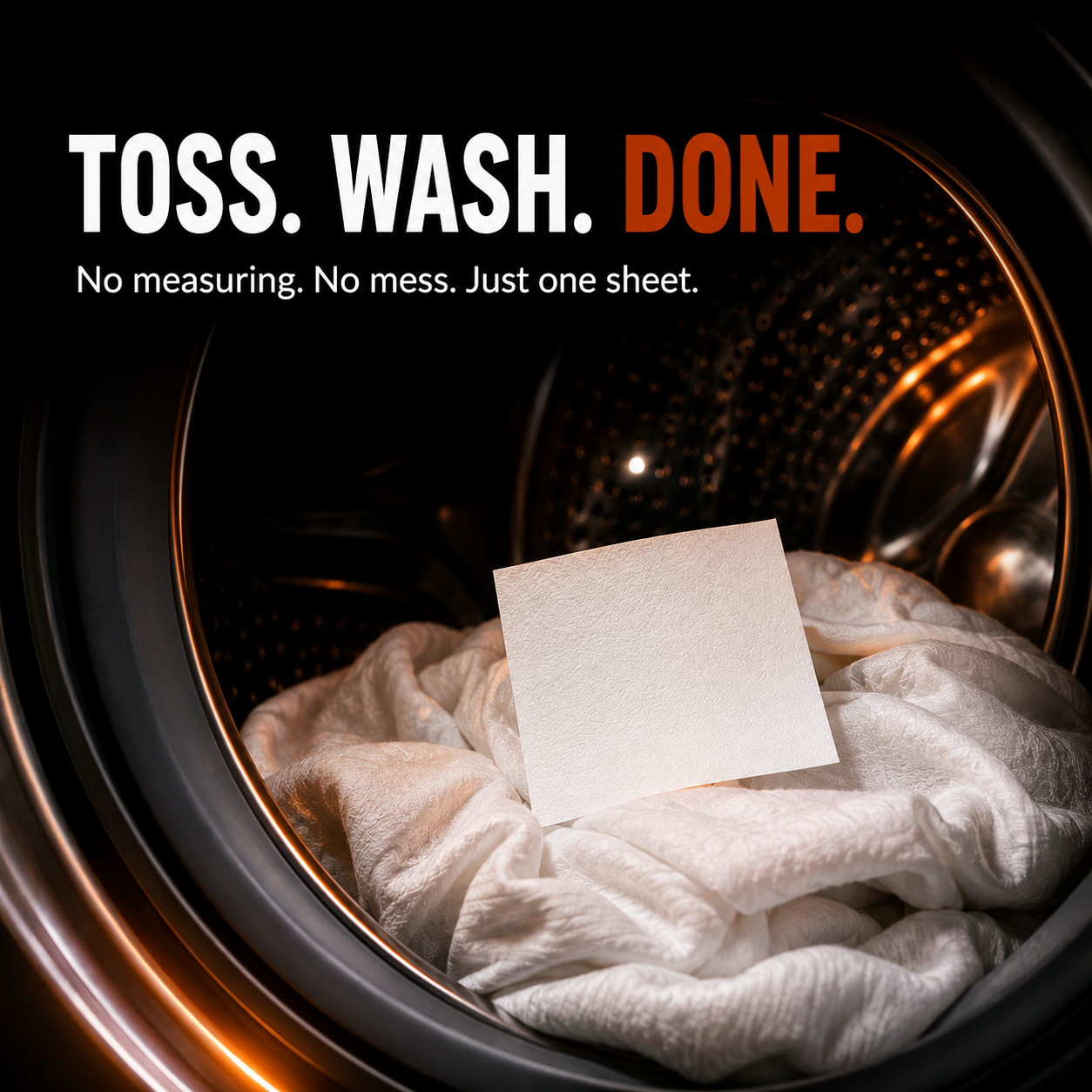 Toss. Wash. Done. — one Nioviv sheet dropped into the washing machine drum