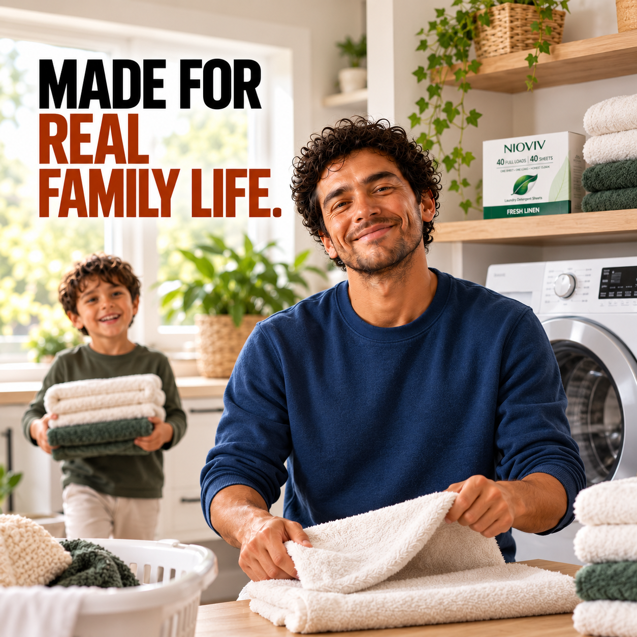 Made for real family life — father and son folding laundry with the Nioviv box